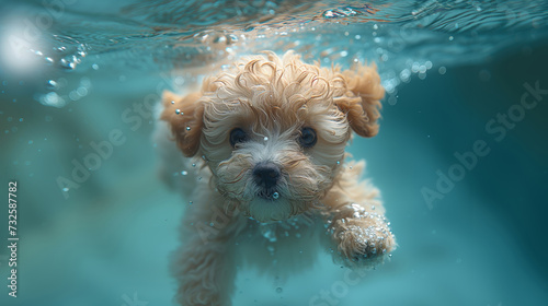 Underwater funny photo of maltipoo poodle puppy in the pool playing with fun - jumping, diving deep down