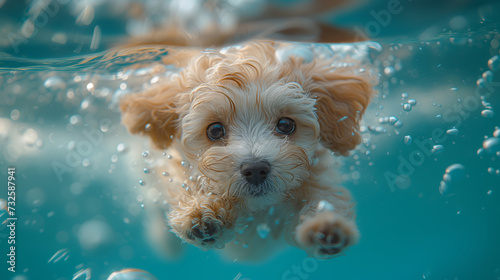 Underwater funny photo of brown maltipoo poodle puppy in the pool playing with fun - jumping, diving deep down