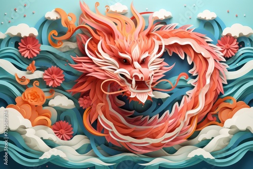 Creative layered paper cutout of chinese zodiac dragon with ocean waves and clouds for chinese new year