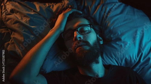 A sleepless man suffers from insomnia, sleep apnea, or stress. Tired and exhausted guy. Headache or migraine. Awake in the night. A frustrated person with problem Tired and exhausted guy.