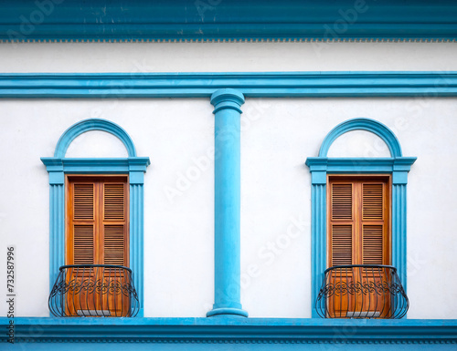 Street view of a colonial building facade, architecture background, Guayaquil, Ecuador.