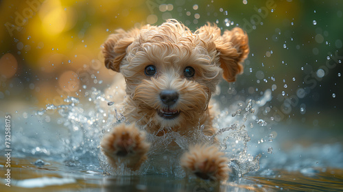 A funny Maltipoo puppy is having fun splashing in the water in the pool in the summer