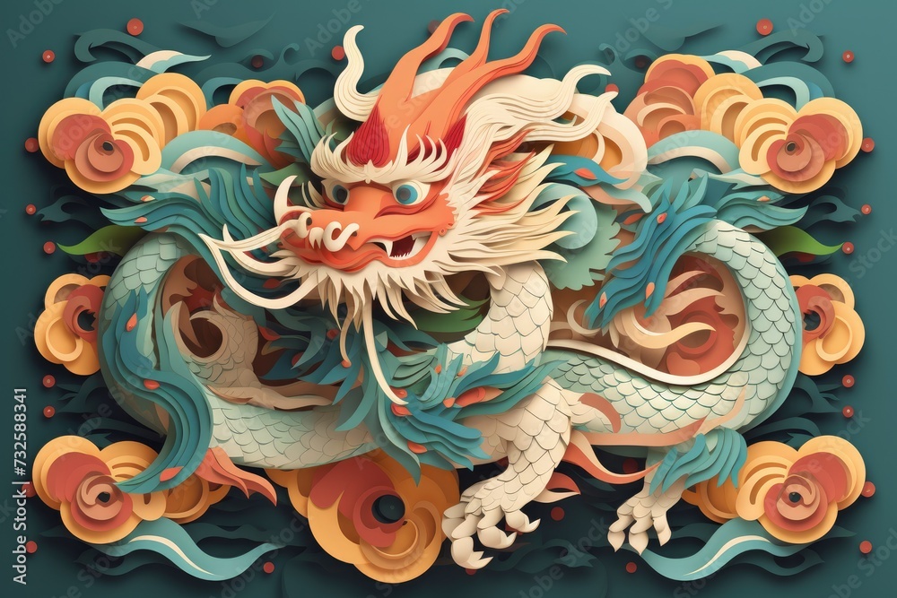 Captivating paper cut craft showcasing chinese zodiac dragon with ocean waves and clouds for chinese new year
