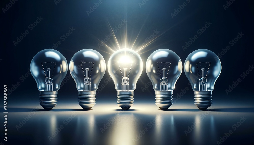 A row of five lightbulbs on a dark background with a reflective surface, the bulb in the middle is brightly illuminated. It is symbolizing an idea or a moment of inspiration. A row of five lightbulbs on a dark background with a reflective surface, the bulb in the middle is brightly illuminated. It is symbolizing an idea or a moment of inspiration.