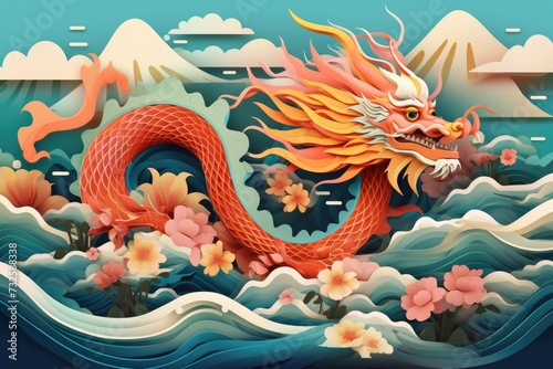 Whimsical paper cutout depicting chinese zodiac dragon with ocean waves and clouds for chinese new year