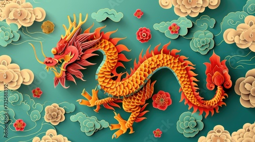 Creative paper cut design of chinese zodiac dragon with ocean waves and clouds for chinese new year