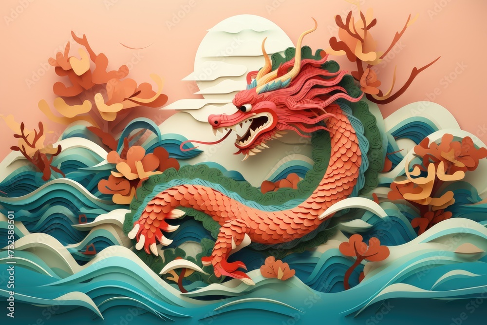 Charming paper cut design showcasing chinese zodiac dragon with ocean waves and clouds for chinese new year