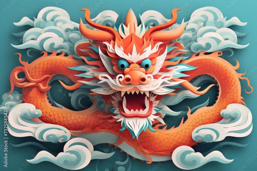Captivating paper cut illustration featuring chinese zodiac dragon with ocean waves and clouds for chinese new year