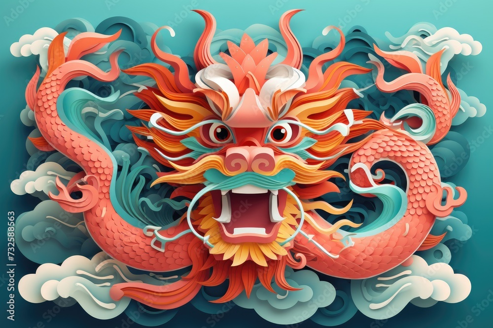 Elegant paper cut craft portraying chinese zodiac dragon with ocean waves and clouds for chinese new year