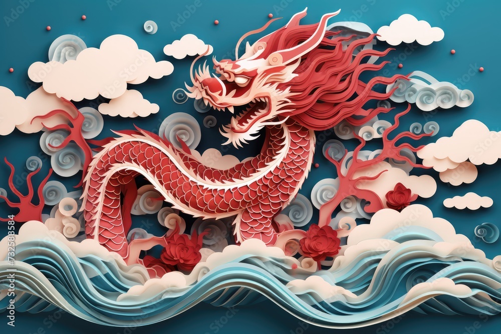 Creative paper cutting depicting chinese zodiac dragon with ocean waves and clouds for chinese new year