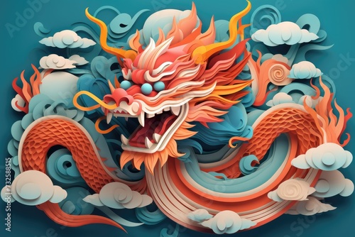Whimsical paper cutout of chinese zodiac dragon with ocean waves and clouds for chinese new year