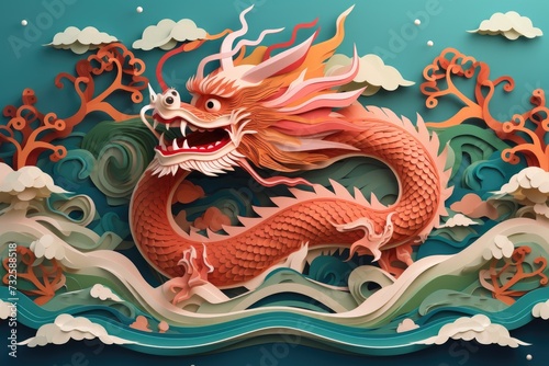 Intricate layered paper cut craft of chinese zodiac dragon with ocean waves and clouds for chinese new year