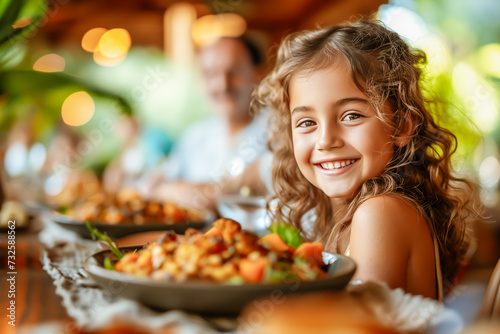 Smiling cute small girl with bright, curly hair joyously engage at a family meal, exemplifying the beauty of togetherness in a vibrant multicultural setting