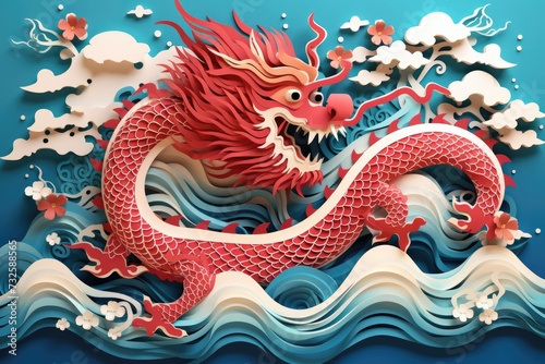 Delicate layered paper cut design of chinese zodiac dragon with ocean waves and clouds for chinese new year