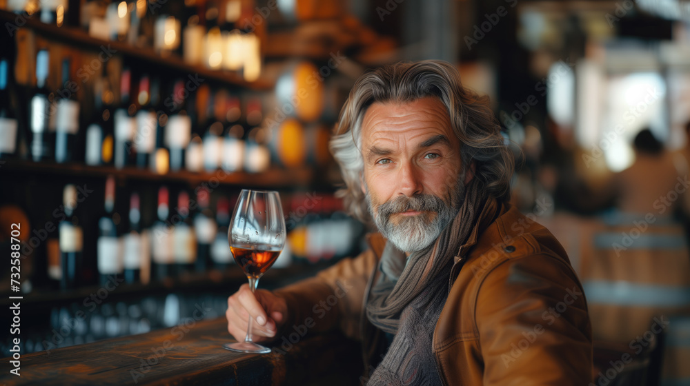 Mature man tasting wine at bar.