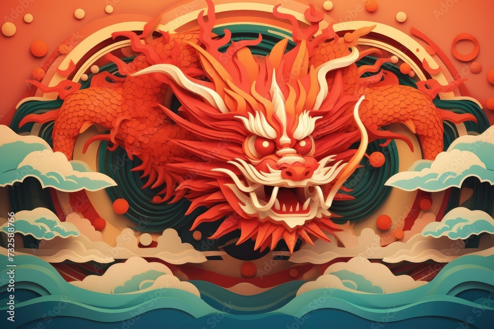 Sea waves and clouds papercut dragon for chinese zodiac year