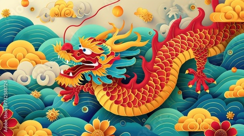 Papercut art of chinese dragon and sea waves for chinese new year