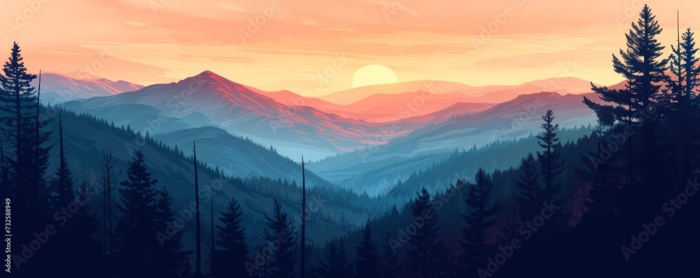 Fototapeta premium Landscape mountains nature adventure travel, background of valley view of forest fir trees illustration, Generative AI