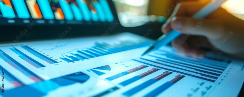 Hand writing on financial data analysis, featuring graphs and statistics, Generative AI