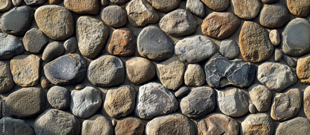 A detailed shot showcasing the natural beauty of a cobblestone wall, built with rocks, which can be used as a building material or flooring option. A detailed shot showcasing the natural beauty of a cobblestone wall, built with rocks, which can be used as a building material or flooring option.