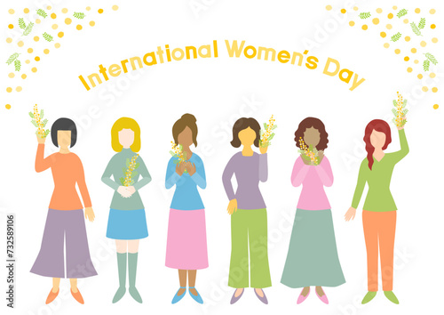 ミモザの花と女性たちの国際女性デーイラスト