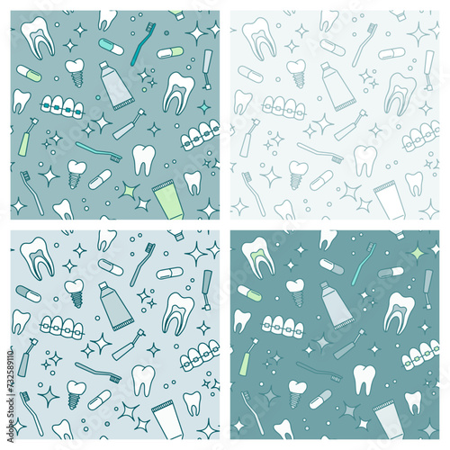 vector seamless pattern dental dentist oral hygiene, teeth, toothbrush and toothpaste, braces and dental implants, background for dental clinics and corporate identity