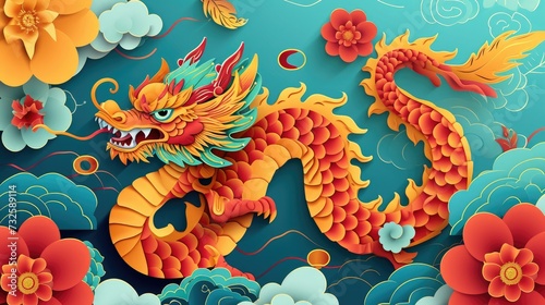 Sea and cloud papercut art with chinese dragon motif for new year