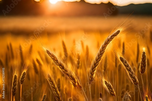 Ears of oats on the background of a sunset in field.