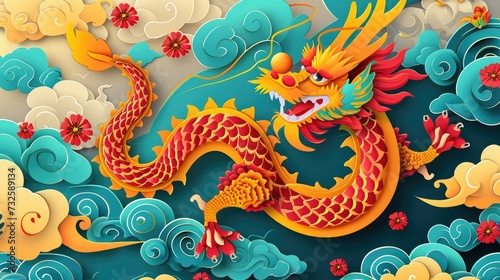Chinese dragon wallpaper with papercut sea and cloud patterns