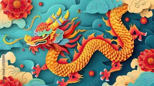 New year paper craft of sea waves and cloud papercut with chinese dragon © artestdrawing