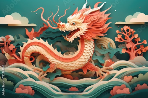 Papercut wallpaper of chinese dragon and sea waves with cloud motifs © artestdrawing