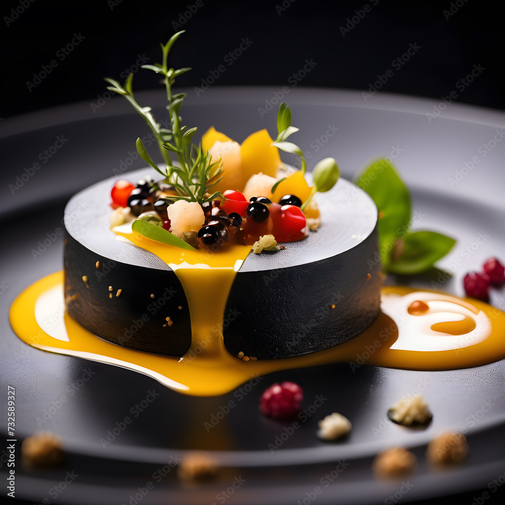 unusual molecular gastronomy dish on a black plate unusual molecular gastronomy dish on a black plate