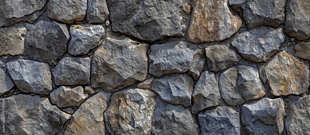 A detailed view of a stone wall constructed with large rock pieces as a building material, showcasing a patterned composite of cobblestones and bedrock.