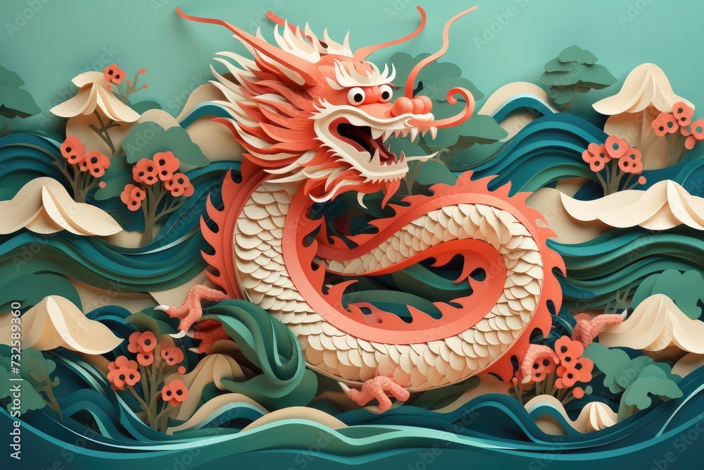 custom made wallpaper toronto digitalWave and cloud paper cut ornaments with chinese dragon, papercut art of chinese dragon wallpaper