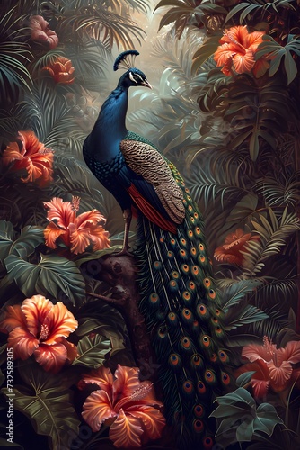 Peacock with beautiful feather in Tropical Jungle Forest Wallpaper © Wipada