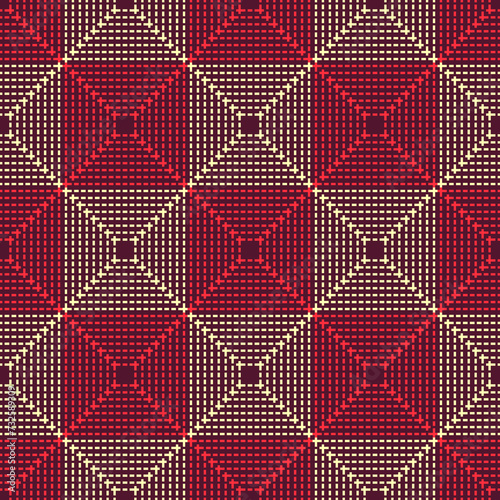 Traditional Thai Checkered Stitch Pattern on Crimson Red Background. Vector seamless pattern design for fabric, tile, carpet, embroidery, wrapping, wallpaper, and background