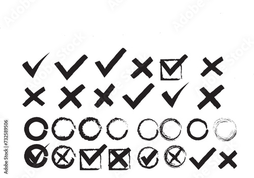 Set hand drawn check mark, tick and cross brush signs, checkmark OK and X icons, symbols YES and NO button, checkbox chalk icons, sketch checkmarks, checklist marks - stock vector