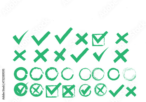 Set hand drawn check mark, tick and cross brush signs, checkmark OK and X icons, symbols YES and NO button, checkbox chalk icons, sketch checkmarks, checklist marks - stock vector