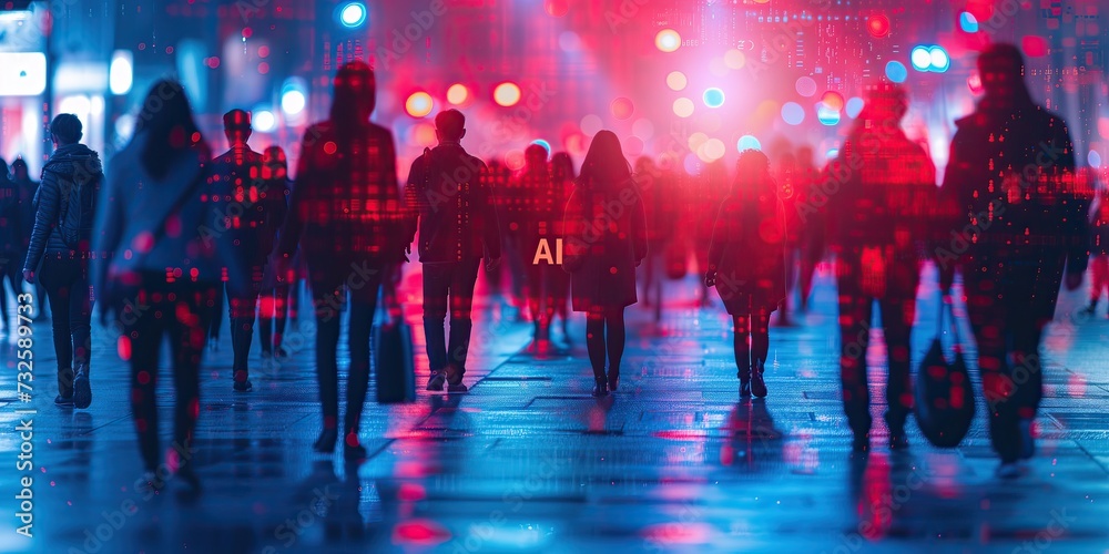 Grupo de personas caminando, exterior, nocturno, colores azules y rosas intensos, fucsia, morados, luces de fondo, difuminado, caracteres flotando AI la tecnología que rige los negocios hoy día, datos