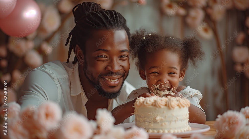 Dad and her little kid smiling, eating a creamy cake, funny moment afternoon spring time, wearing casual, sit down, front view, exterior, flowers ballon background, Dad's day, birthday celebration - obrazy, fototapety, plakaty 