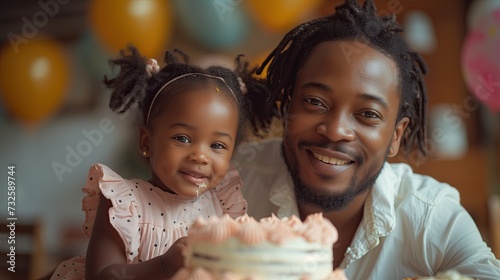 Little kid and dad smiling, eating a cake, strawberry cream, afternoon spring time, wearing casual, sit down, front view, interior, ballon background, birthday celebration, Dad's day photo