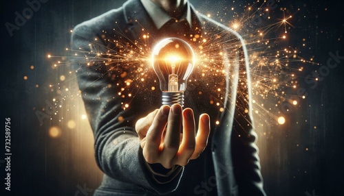 A person dressed in a suit is holding an illuminated bulb in the hand, with sparks and particles of light radiating outward.