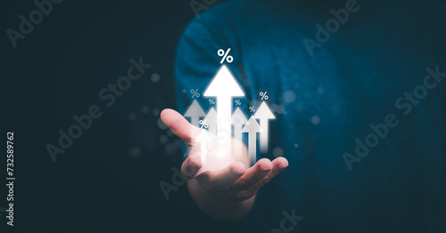 Planning and strategy, stock market, business growth, progress or success concept, businessman or trader showing growing virtual holographic stocks, invest in stock market trading or digital assets