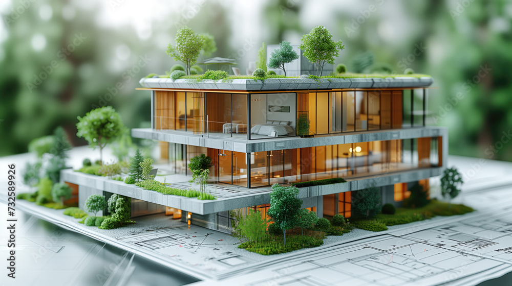 Sustainable building architecture model with blueprints, energy efficiency chart and blueprint