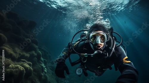 A male scuba diver exploring the ocean swims underwater in special protective clothing © liliyabatyrova