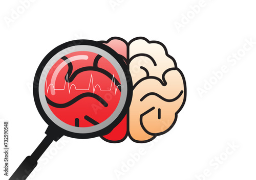 Vector illustration of magnifying glass analyzing a brain with abnormal brain waves symbolizing seizure evaluation. 