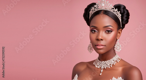 A beautiful bride with black skin, wearing a tiara, earrings, necklace on a pastel pink background with space to copy.