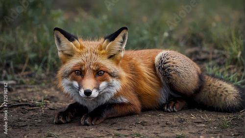 A close-up of a red fox relaxing on the ground with its front paws extended, gazing at the camera.  © xKas