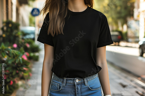 Young Model Shirt Mockup, woman wearing black t-shirt on street in daylight