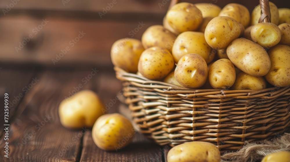 Basket Filled With Yellow Potatoes on a Wooden Table Basket Filled With Yellow Potatoes on a Wooden Table